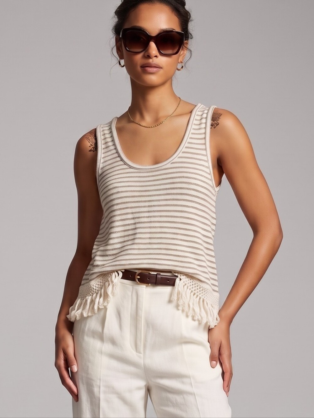 BB Dakota Navy Blue White Striped Fringe Hem Knit Tank Top Boho Small